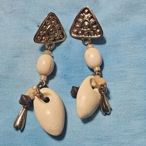 Vintage Chandelier Earrings Bone And Gold Trim Post Stud Dangles